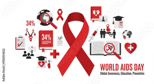 World aids day awareness campaign with red ribbon and health icons for global education and prevention