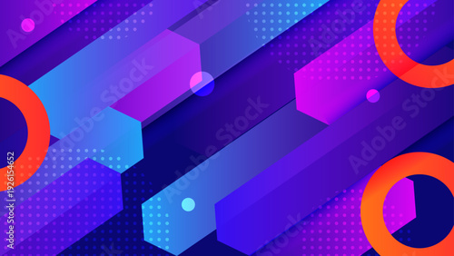 High tech dark blue background with isometric purple rectangular prisms and orange circle accents with halftone dot patterns