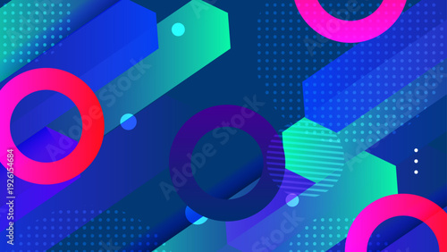 Creative dark blue background featuring bright cyan and magenta geometric shapes with dot textures and circular rings