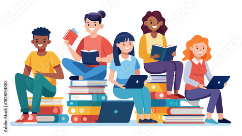 Vector multinational student collection with diverse young people sitting on books learning online. Freelance set with smiling men and women isolated on white. Diverse student education illustrations