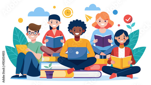 Vector multinational student collection with diverse young people sitting on books learning online. Freelance set with smiling men and women isolated on white. Diverse student education illustrations