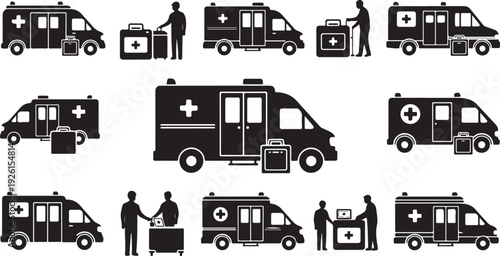 Black and white ambulance icons with medical staff illustrations