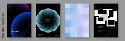 A stunning collection of four abstract posters featuring blue fluid spheres cyan vortex shapes and geometric grids for contemporary design projects
