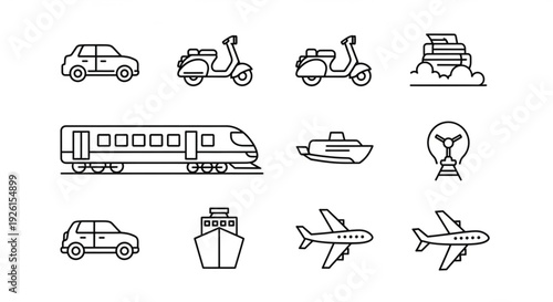 Various transportation icons including vehicles, trains, boats, and aircraft displayed together