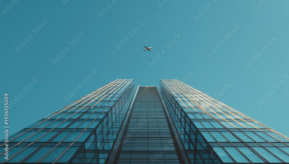 Fototapeta premium Modern Glass Skyscraper Reaching Towards a Clear Blue Sky with a Small Aircraft Above.