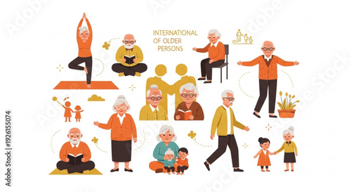 International senior citizens engaging in various leisure activities with family and friends