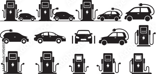 Black and white car fuel station icons and vehicles