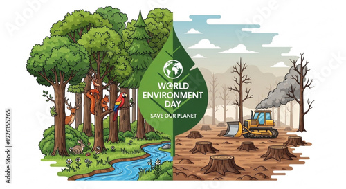 World environment day illustration with deforestation contrast and save our planet message