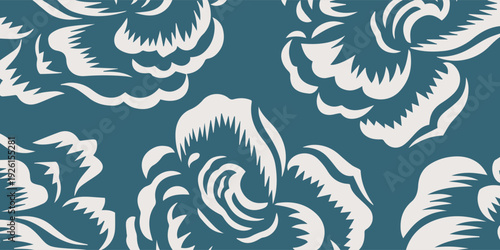 Elegant Floral Pattern with Stylized White Flowers on Teal Background.