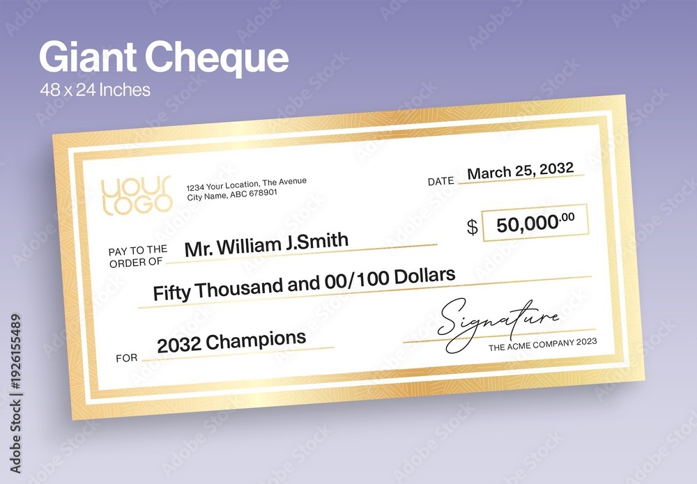 Giant Cheque Template for Charity Donation & Award Prize Presentation ...