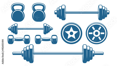 Collection of various gym equipment and fitness tools for strength training