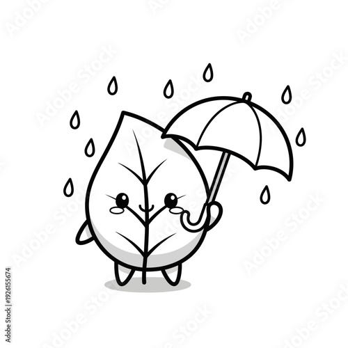 Cute Leaf Character Holding Umbrella in Rain, Sad Face, Black and White