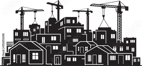 Black and white cityscape with construction cranes and buildings