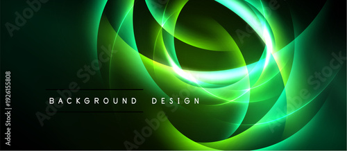 Abstract green neon swirls create dynamic background. Smooth lines suggest movement, energy, futuristic design. Dark space emphasizes bright glow.