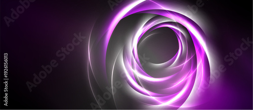 Abstract swirls, vibrant purple hues, dynamic energy. Light radiates from center, creating captivating visual effect. Dark background enhances luminosity.