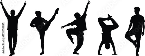 Set of black silhouettes of people dancing breakdancing and practicing martial arts in dynamic action poses isolated on white background.