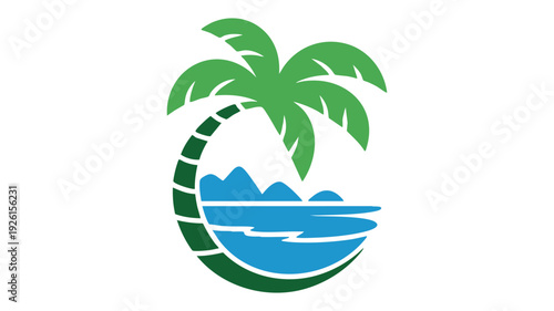 Tropical paradise symbolized by a palm tree and ocean waves within a circular frame