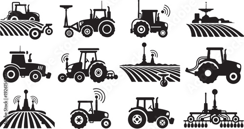 Tractors in various farming settings and actions illustration set
