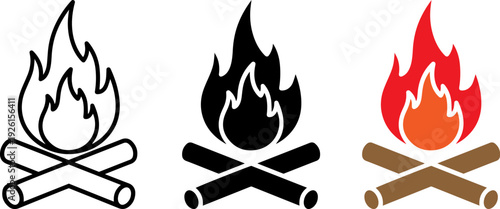 Set of campfire icons in different colors and styles for various uses