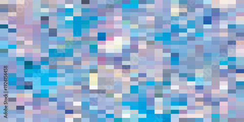 Abstract pixelated background with vibrant blue and purple squares.