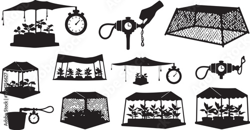Black and white illustration of birdcages and accessories