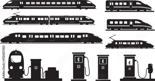 Black and white train and gas station silhouettes collection