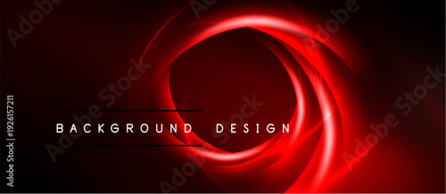 Abstract red neon swirls dominate dark background. Text reads background design. Modern, dynamic visual presentation.