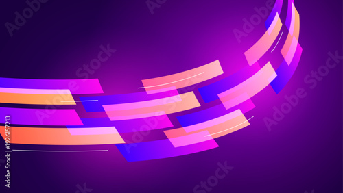 Abstract dark purple background with a curved trail of colorful rectangular data fragments and light lines