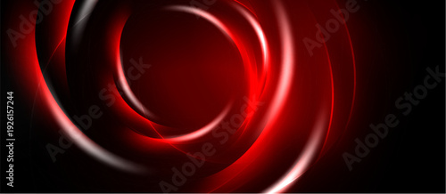 Abstract red swirls dominate dark background. Smooth curves create dynamic, glowing effect. Minimalist design evokes energy, motion.