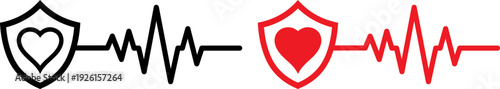 Heartbeat shield icons with heart symbol and ECG line