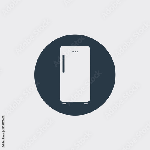 A simple illustration of a white refrigerator within a dark blue circle on a light grey background.