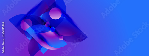 Abstract shapes, vibrant blues, purples create dynamic composition. Smooth gradients, spherical elements suggest fluidity, depth. Modern design.