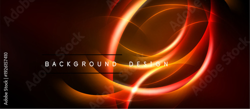Dark background features vibrant orange neon swirls. Abstract lines create dynamic energy, modern design element.