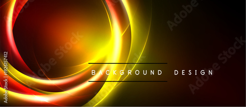 Abstract neon light shapes create dynamic background. Warm colors dominate, suggesting energy, movement, modern design.