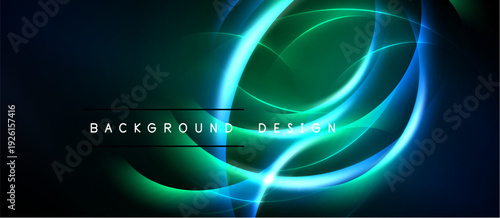 Abstract neon swirls create dynamic background. Blue, green hues dominate dark space. Text reads background design. Modern, vibrant visuals.