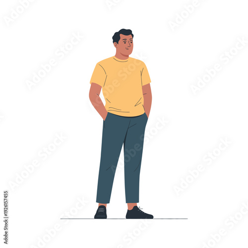 A cartoon man standing with hands in pockets and a casual smile on his face.