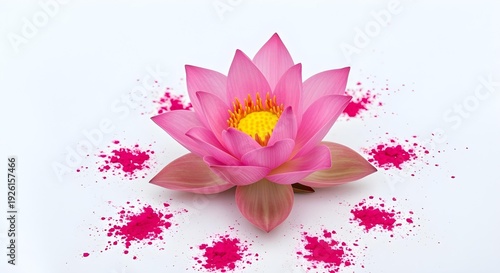 Lotus Flower with Holi Color Powder on White Background