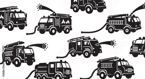 Fire trucks connected with hoses in black and white