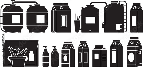 Black and white milk and juice carton illustrations set