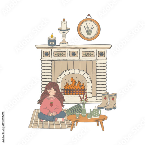 Cozy cottagecore vintage vector illustration. Girl in sweater relaxing by fireplace with tea set, flowers, boots. Warm home decor scene for autumn, winter, hygge lifestyle, cards.