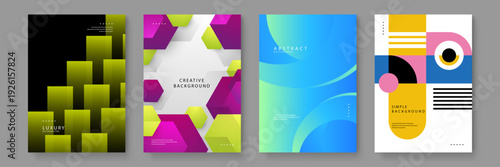 Collection of four diverse abstract background templates featuring geometric 3D blocks hexagons wavy gradients and Bauhaus style elements for professional creative design projects