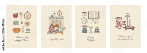 Cottagecore vintage poster, card set with cozy interior scenes, teapots, books, fireplace and hand drawn home decor. Printable wall art bundle for home, kitchen, rustic interiors.