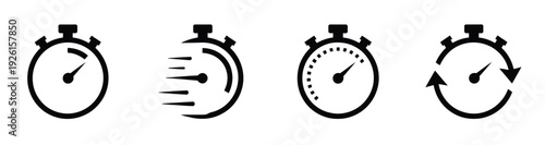 Timer icon set, alarm clock symbol, watch countdown vector illustration, stopwatch sign, hours minutes and seconds concept, simple express pictogram outline collection for top ranked scheduling 