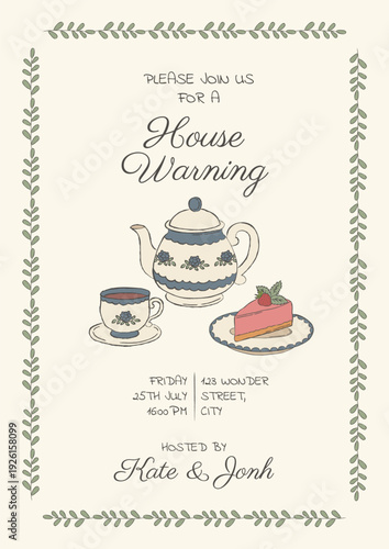 Vintage housewarming party invitation template with hand drawn teapot, tea cup, and strawberry cake on plate. Elegant cozy invite design, retro line art vector illustration on beige background.