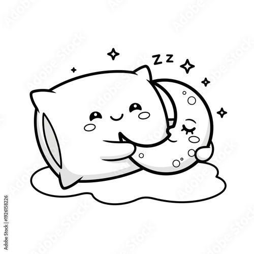 Cute Pillow Hugging Moon, Sleepy Nighttime Friends, Kawaii Dream Illustration