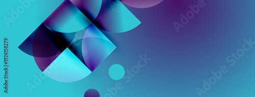 Abstract shapes blend, creating vibrant blue purple gradients. Minimalist design evokes modern digital aesthetic. Smooth transitions suggest fluidity.