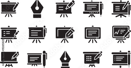 Black and white icons of writing and presentation tools