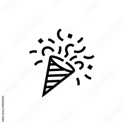 A simple black party popper icon on a white background is depicted.