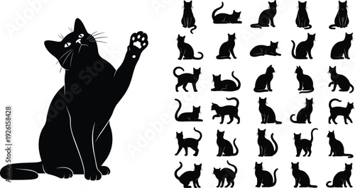Set of Vector Silhouettes Featuring Athletic Gymnasts Childhood Outdoor Games Diverse Butterfly Species Human Male Anatomy and Domestic Cat Poses