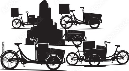 Bicycle delivery services in the city with silhouettes